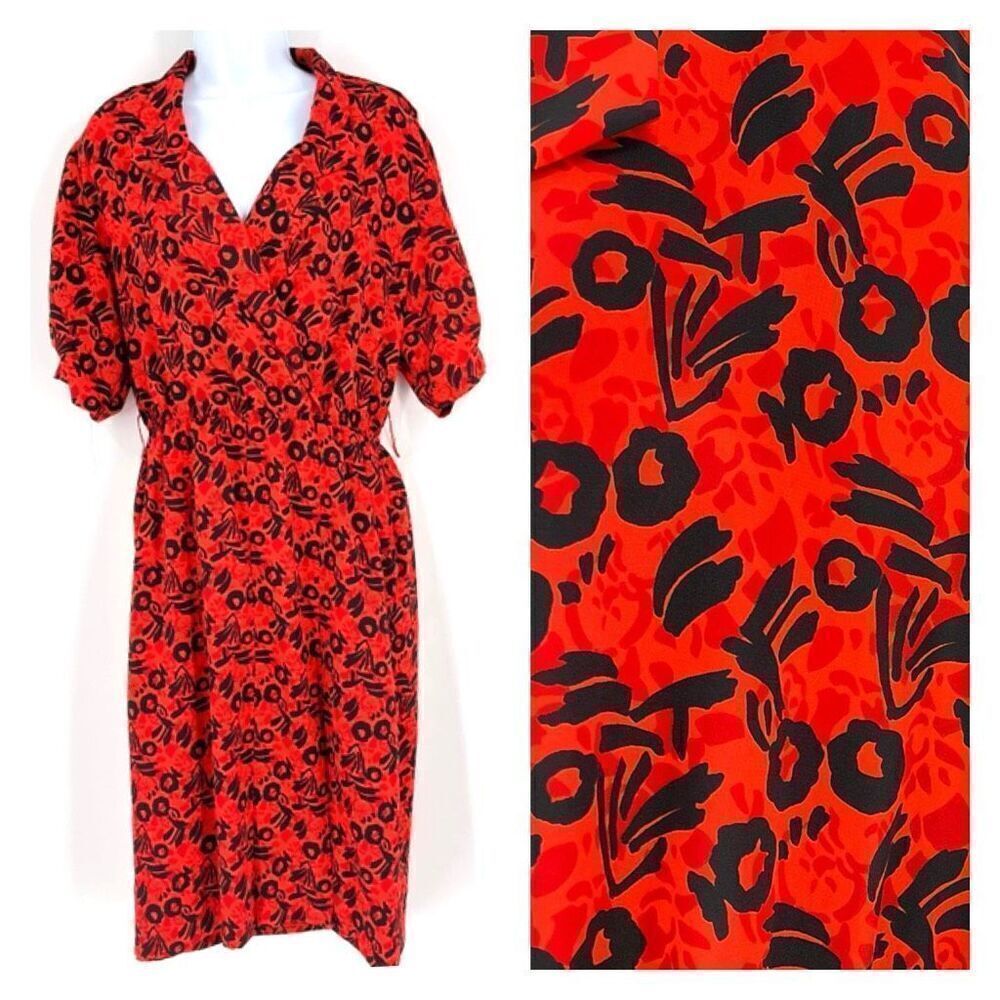 Vintage JT Women’s Geometric Surplice Bright Orange Red Dress Medium Made in USA